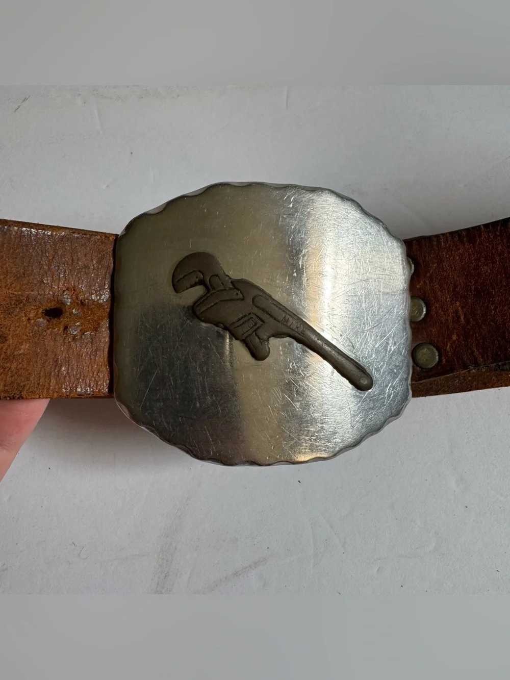 Vintage Handmade Wrench Buckle Distressed Leather Belt Pipefitter Workwear 42